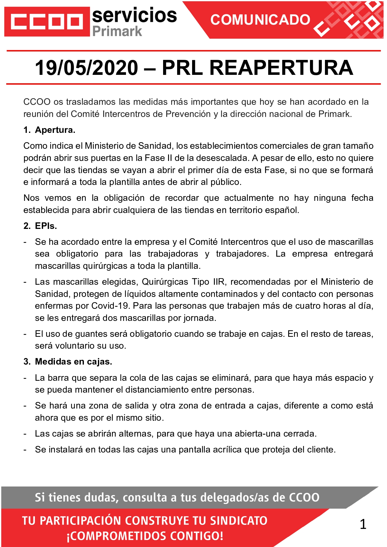 CCOO PRIMARK CORONAVIRUS COVID19 REAPERTURA REUNIÓN INTERCENTROS SEGURIDAD